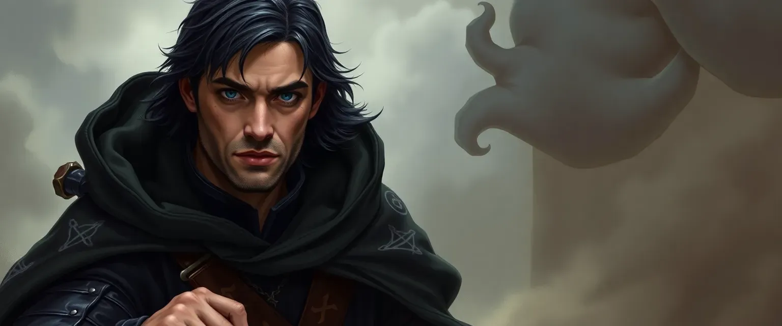 A man in his 30s with black hair and blue eyes, wearing a dark leather tunic and a rune-embroidered cloak.