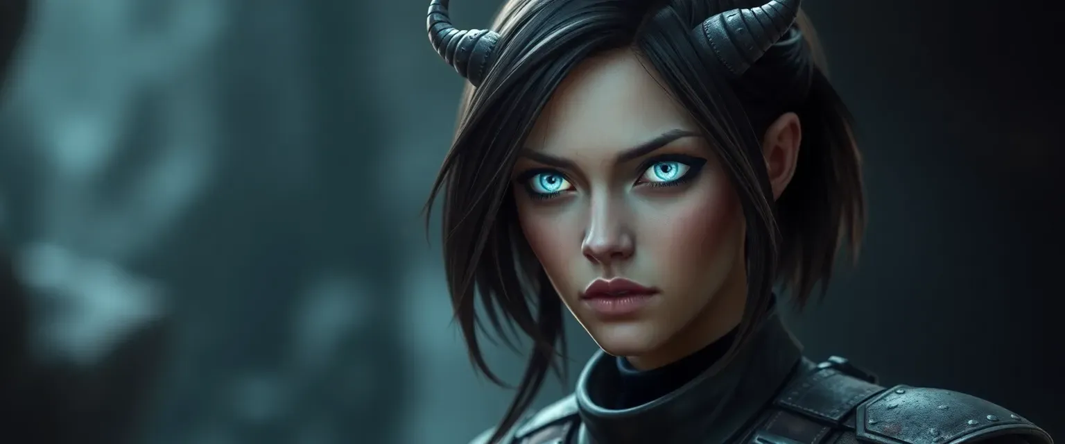 Alien woman with dark brown hair, glowing white eyes, and small black horns, wearing utilitarian clothing.