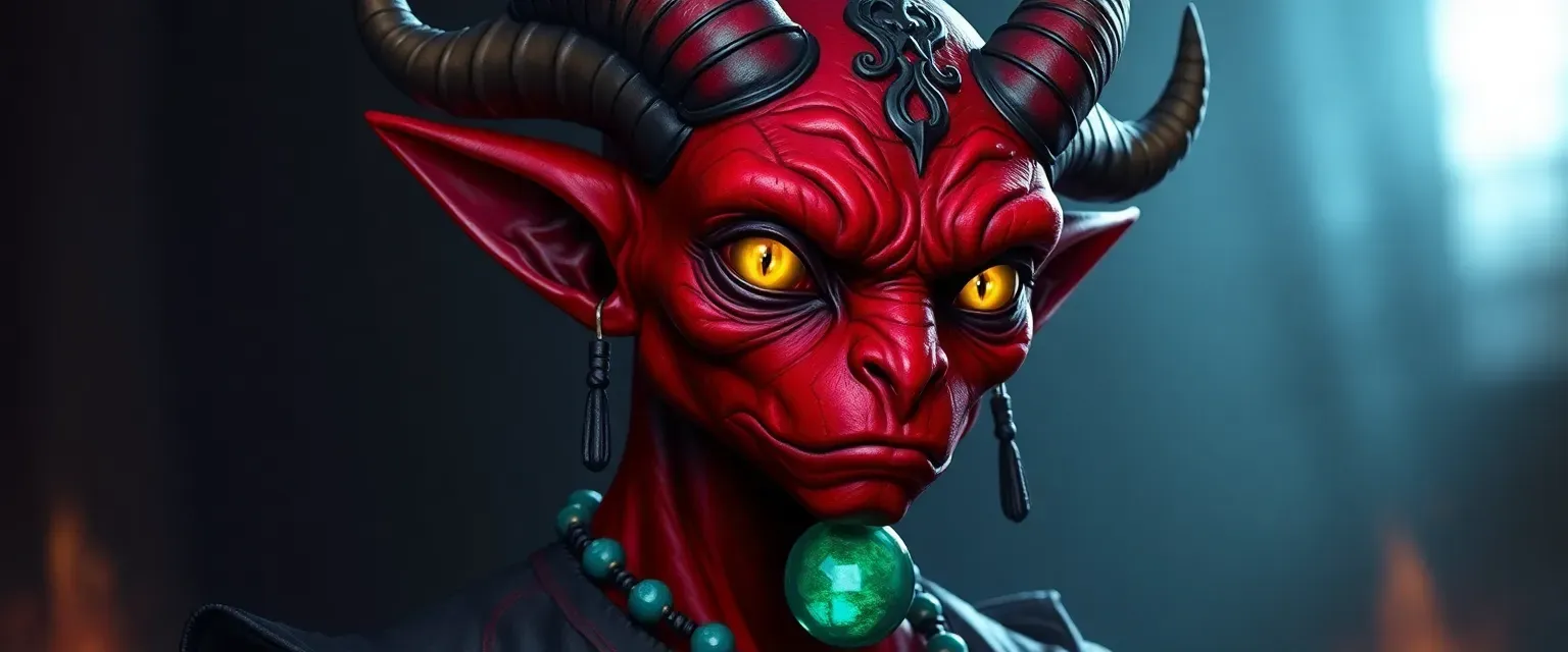 Crimson-skinned tiefling with small horns, glowing eyes, wearing a malachite pendant and circus attire.