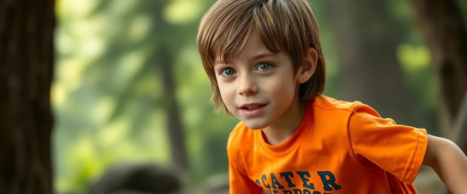 12-year-old boy with medium-length straight brown hair, brown eyes, freckled face, wearing orange Camp Half-Blood t-shirt and shorts, energetic and freckle-dusted.