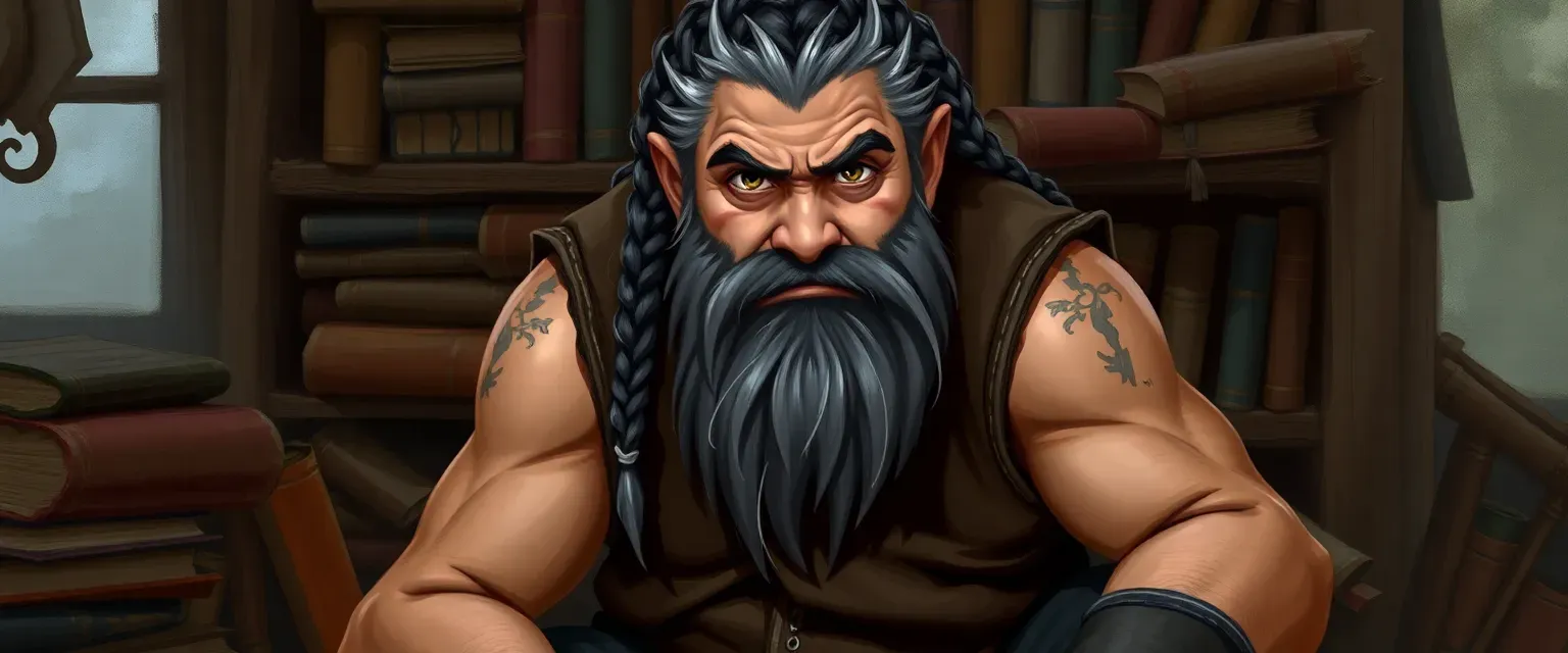 Middle-aged dwarf with gray-black braided hair, muscular build, wearing a leather vest and practical trousers, surrounded by books.