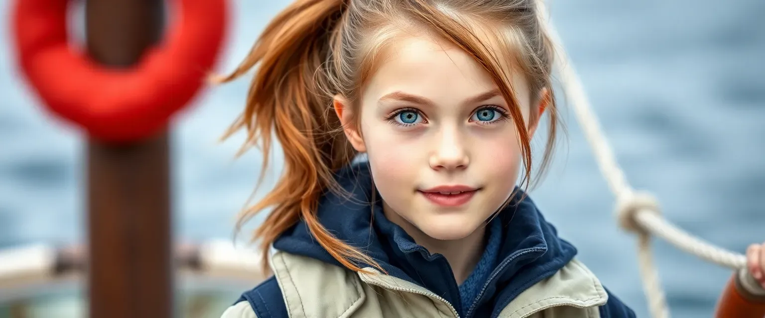 16-year-old girl with chestnut hair in a ponytail, blue eyes, wearing practical seafarer's attire.