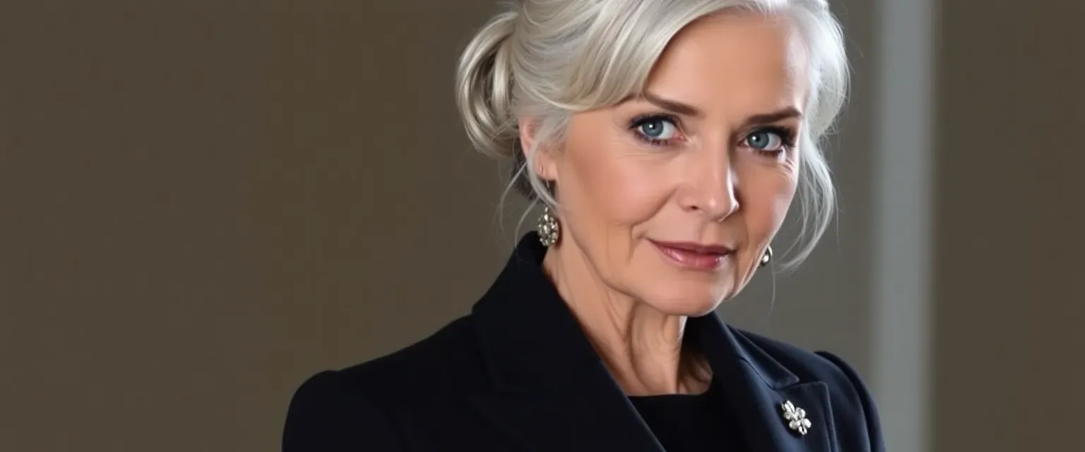 Late fifties woman with silver hair in a bun, gray eyes, wearing a dark suit with a silver brooch.