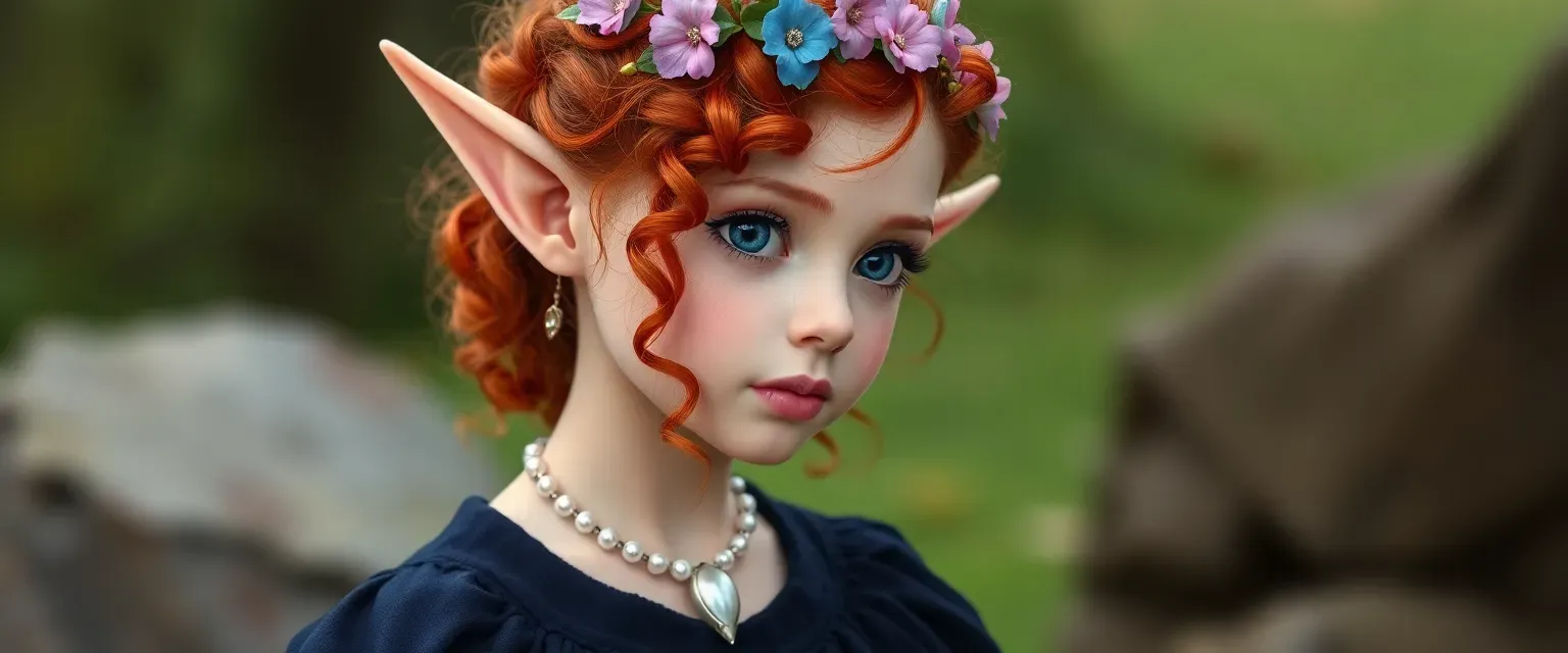 Young elf with red curly hair to mid-back, dark blue eyes, elf ears, blue and pink flower wreath, silver raindrop pearl necklace, midnight blue medieval dress.