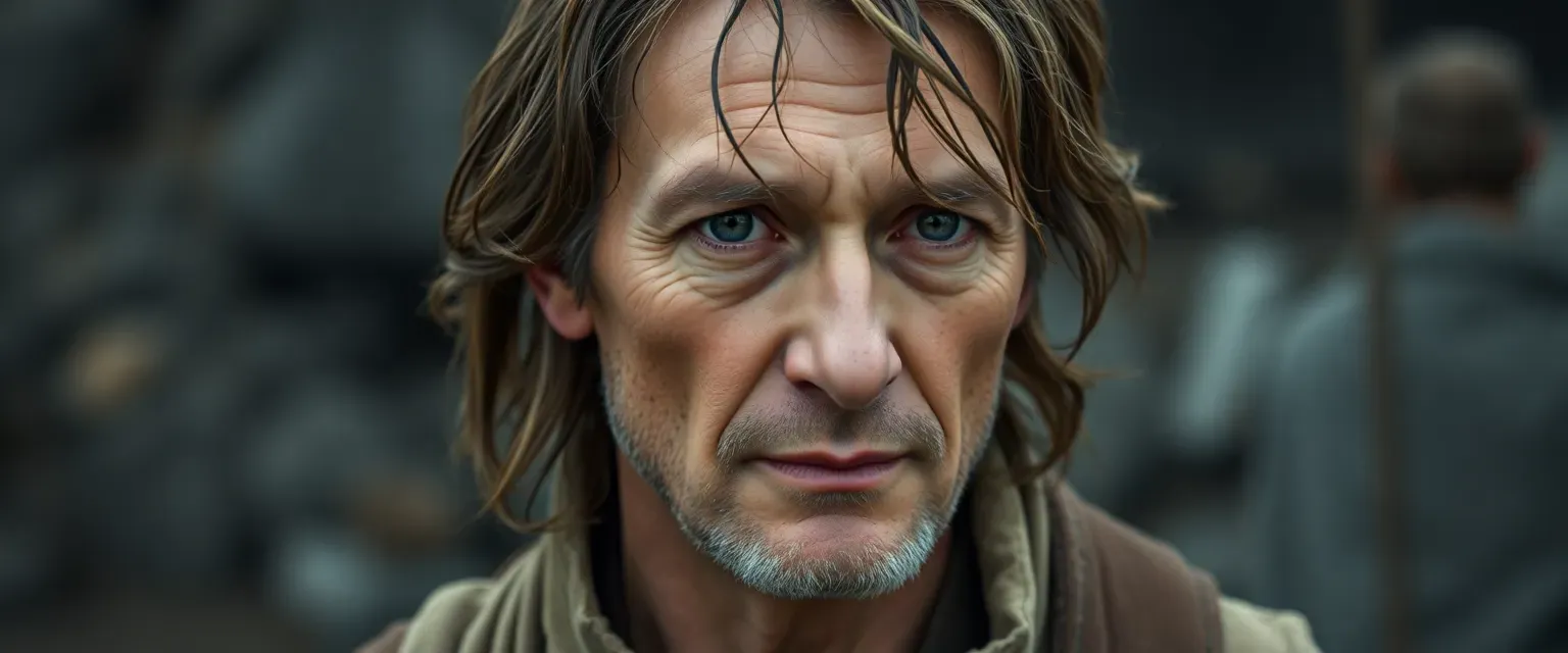 A forty-two-year-old man with faded brown hair and gray eyes, wearing simple, muted clothing, with a distant gaze.