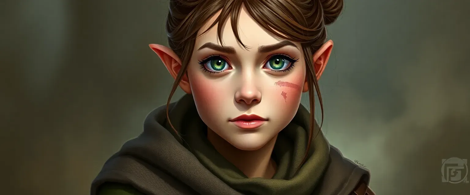 36-year-old halfling with green eyes, brown hair in a bun, scar on left cheek, wearing practical leathers and a tattered cloak.