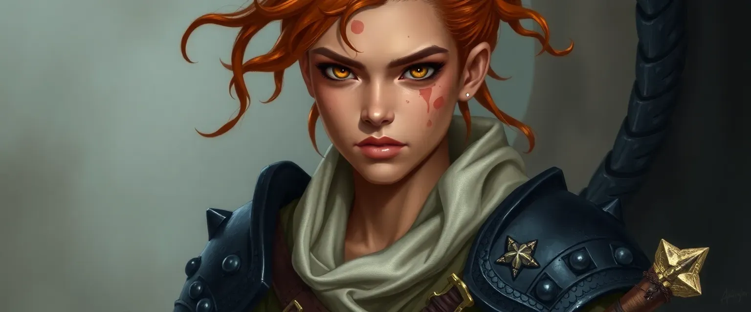 Tan skin, vitiligo spots, copper hair, golden eyes, black dragon armor, tattered white cloak, broken staff at belt.