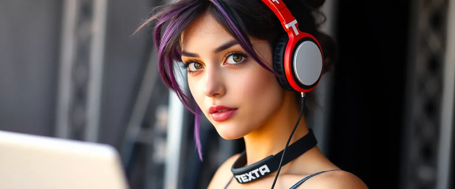 Young DJ with hourglass figure, sun-kissed skin, amber eyes, purple-highlighted dark hair in messy bun, red 'T' headphones, white 'TEXTA KuKu' band.