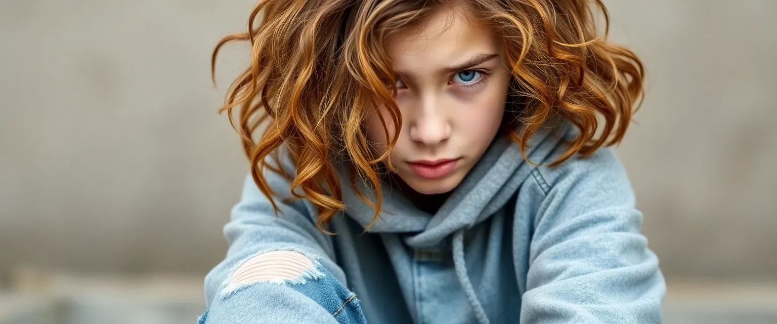 Young teen with tangled chestnut curls, wearing a large hoodie and frayed jeans, with a nervous lip-biting habit.