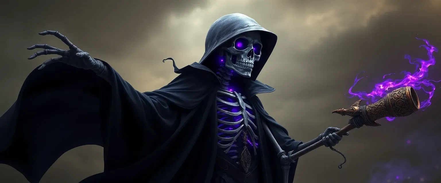 A tall skeletal wizard in a flowing black coat, with an exposed skull head emanating ethereal purple light from empty eye sockets, wielding ancient magical artifacts.