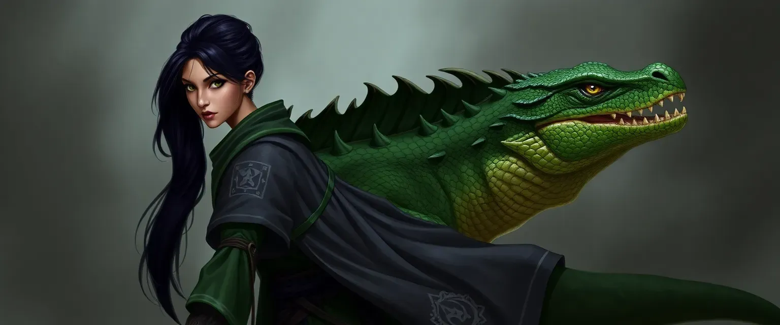 Komodo dragon Amari, jet black hair in ponytail, grey robes with green fabric, tarnished armor, green scales, dark green tattoos, yellow eyes, sharp fangs and claws, long tail.