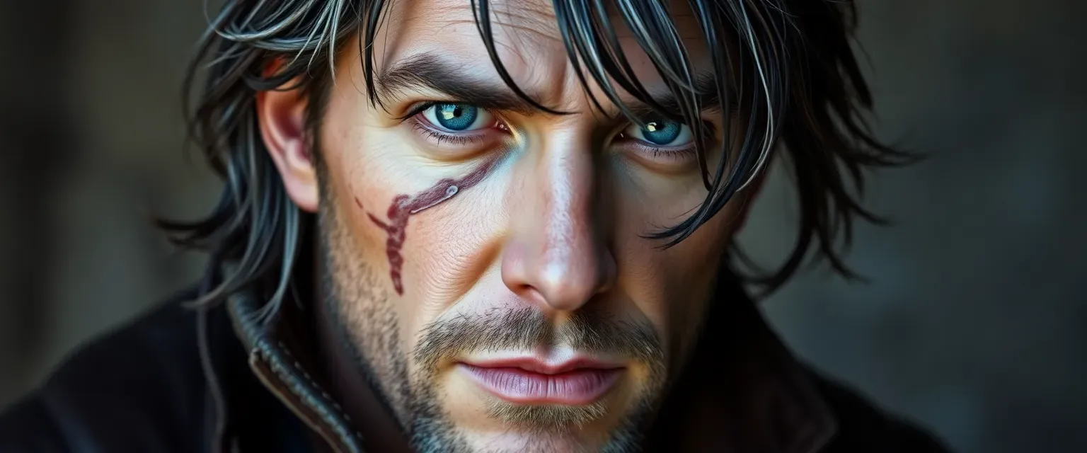 Rugged mercenary in his late thirties with dark, silver-streaked hair, piercing blue eyes, and a scar on his left cheek, wearing a worn leather jacket.