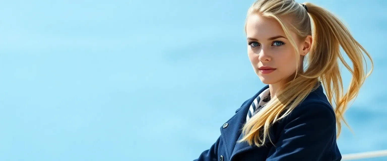 26-year-old female sailor with sun-bleached blonde hair in a ponytail, deep blue eyes, wearing a navy peacoat and dark jeans.