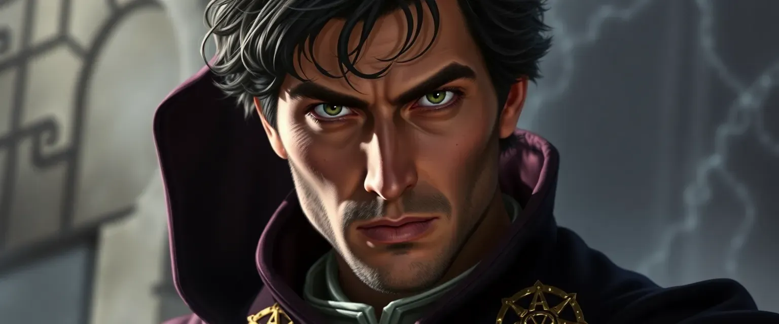Mid-30s man with dark hair and piercing eyes, wearing a high-ranking Arcane Guild robe.