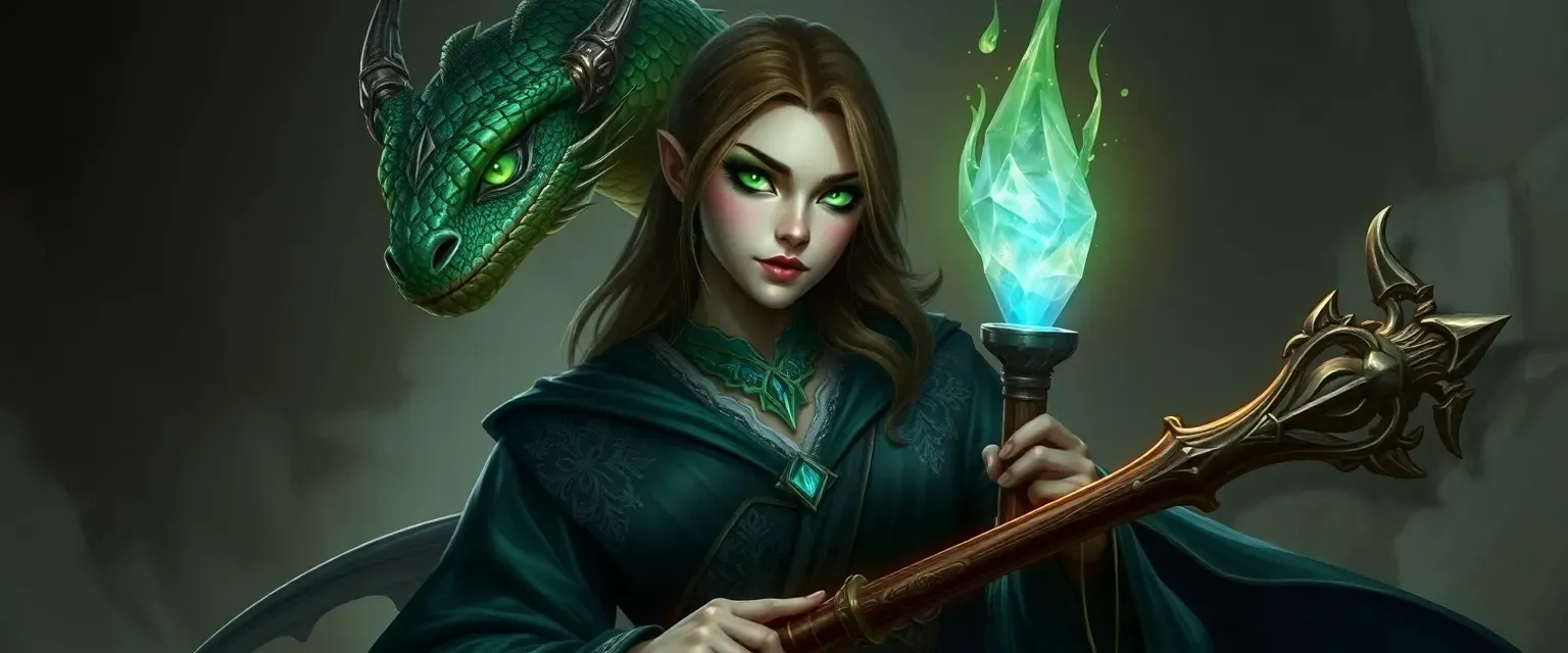 Tall female Dragonborn with emerald scales, glowing green eyes, wearing a dark green robe with silver embroidery, holding a staff with a pulsing crystal.