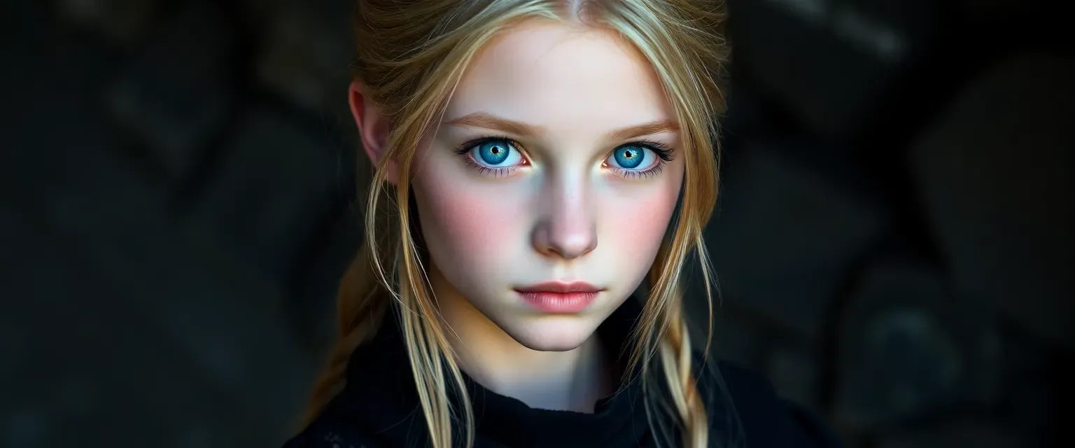 16-year-old girl, pale skin, blue eyes, blonde hair, wearing dark, worn dresses.