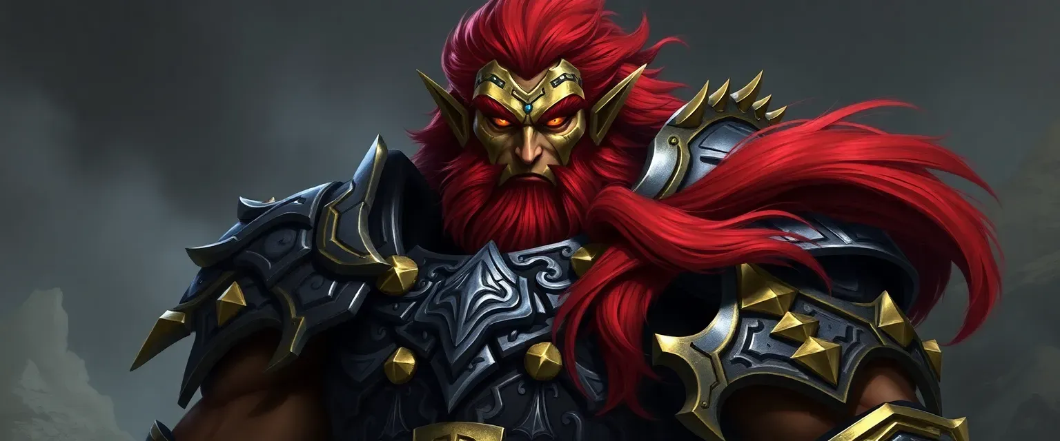 Ganondorf Dragmire: towering figure with fiery red hair and piercing amber eyes; wears intricate armor with gold accents; driven by insatiable hunger for power.