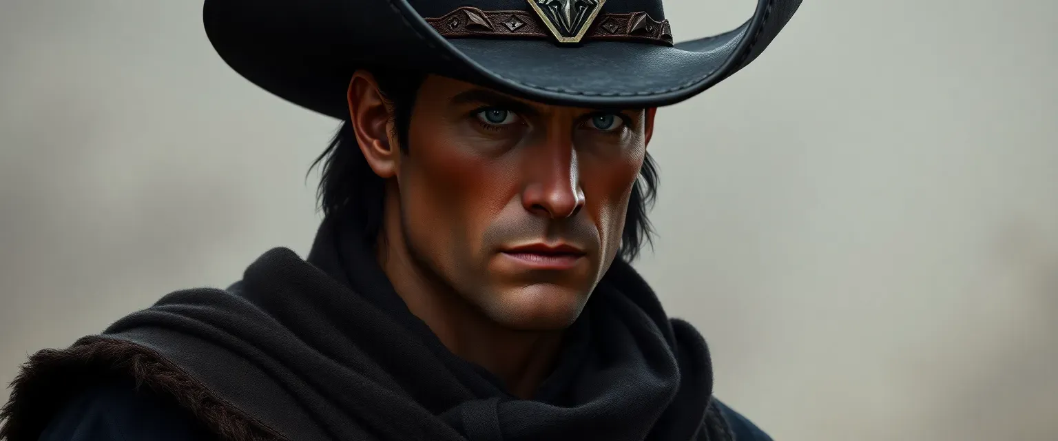 Tall, muscular cowboy in dark traditional attire, late 30s, with a stoic demeanor and piercing eyes.
