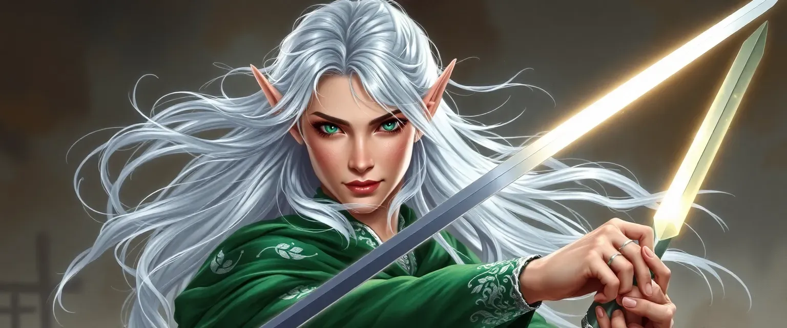 Silver-haired elven prince, emerald eyes, green robe with silver leaf embroidery, dual sabers, ethereal grace.