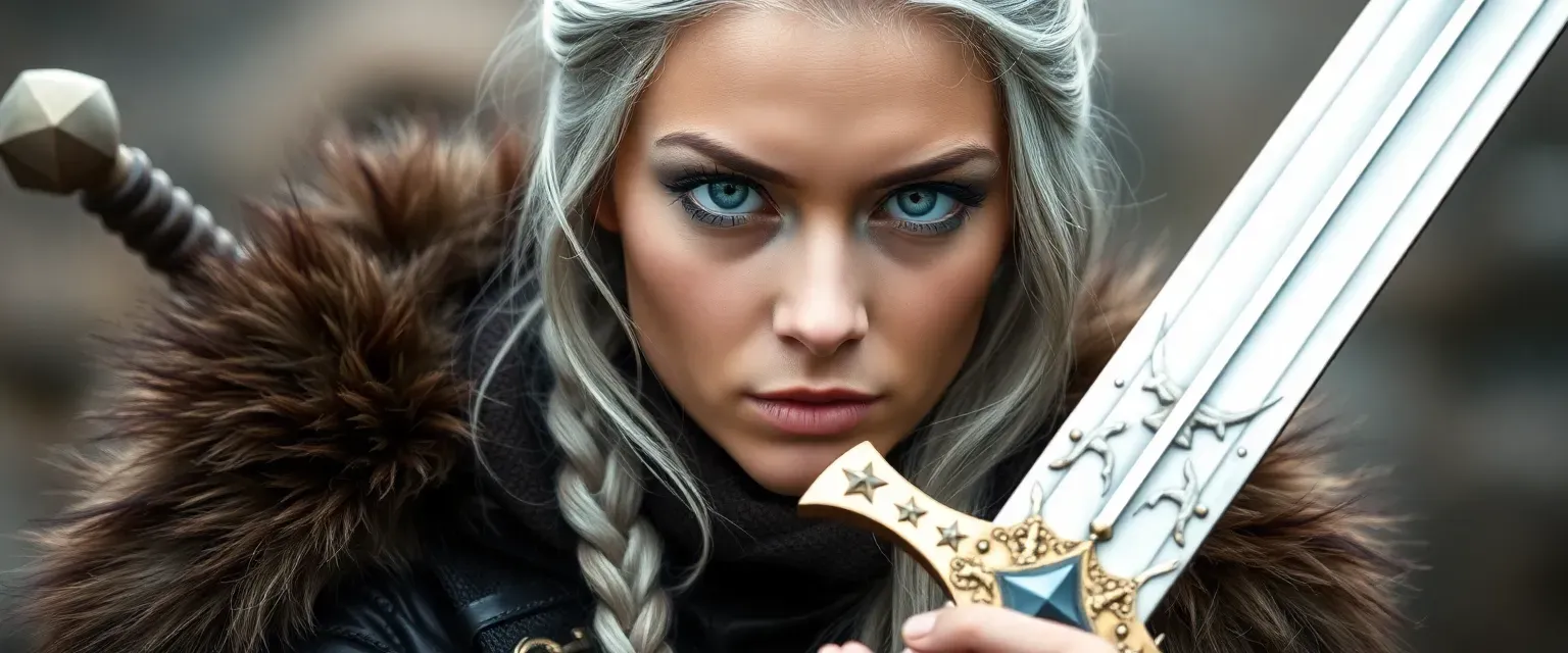 A 32-year-old woman with silver hair in a braid, piercing blue eyes, wearing a leather tunic and fur cloak, armed with a star-forged sword.