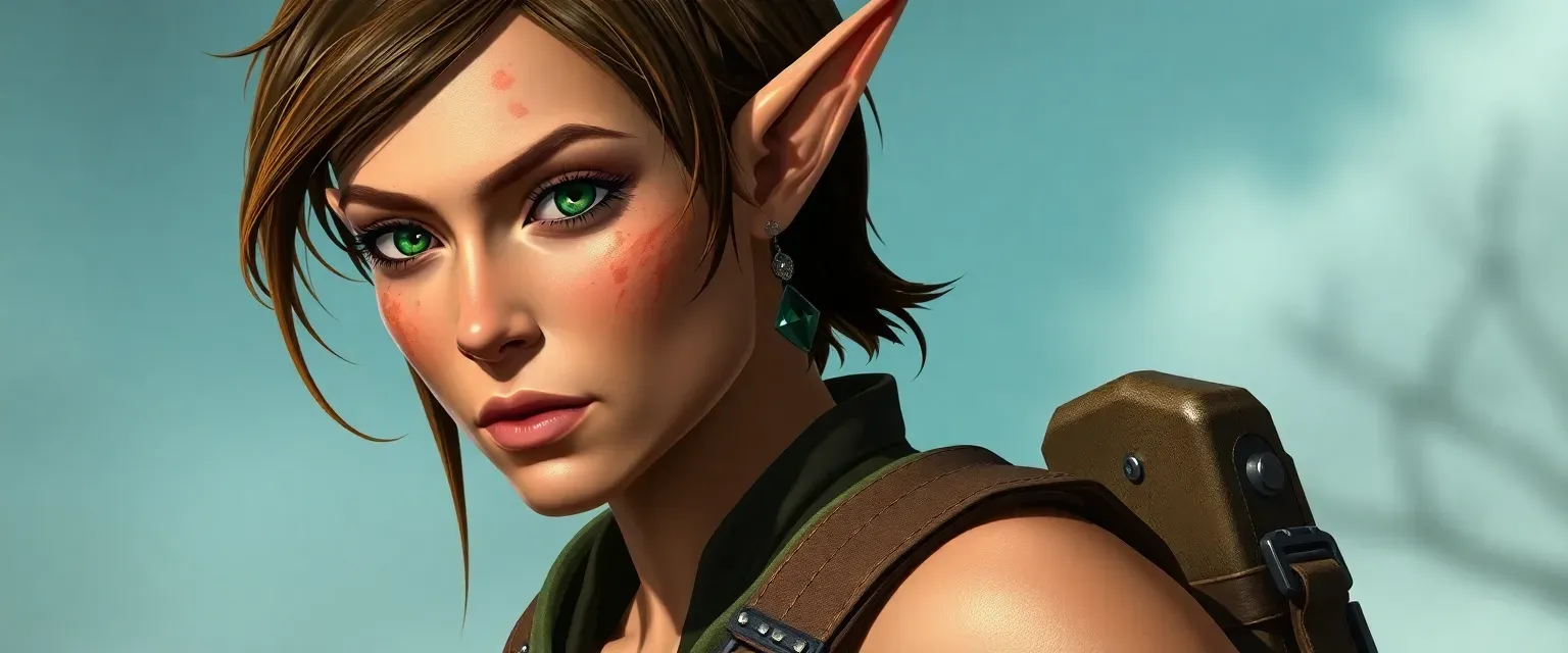 30-year-old female elf with tan skin, short brown hair, emerald eyes, and battle scars. Wears practical soldier attire.