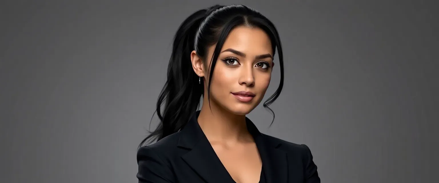 25-year-old Jasmine Martinez, CEO, dark hair in ponytail, sharp features, tailored dark suits, athletic build.