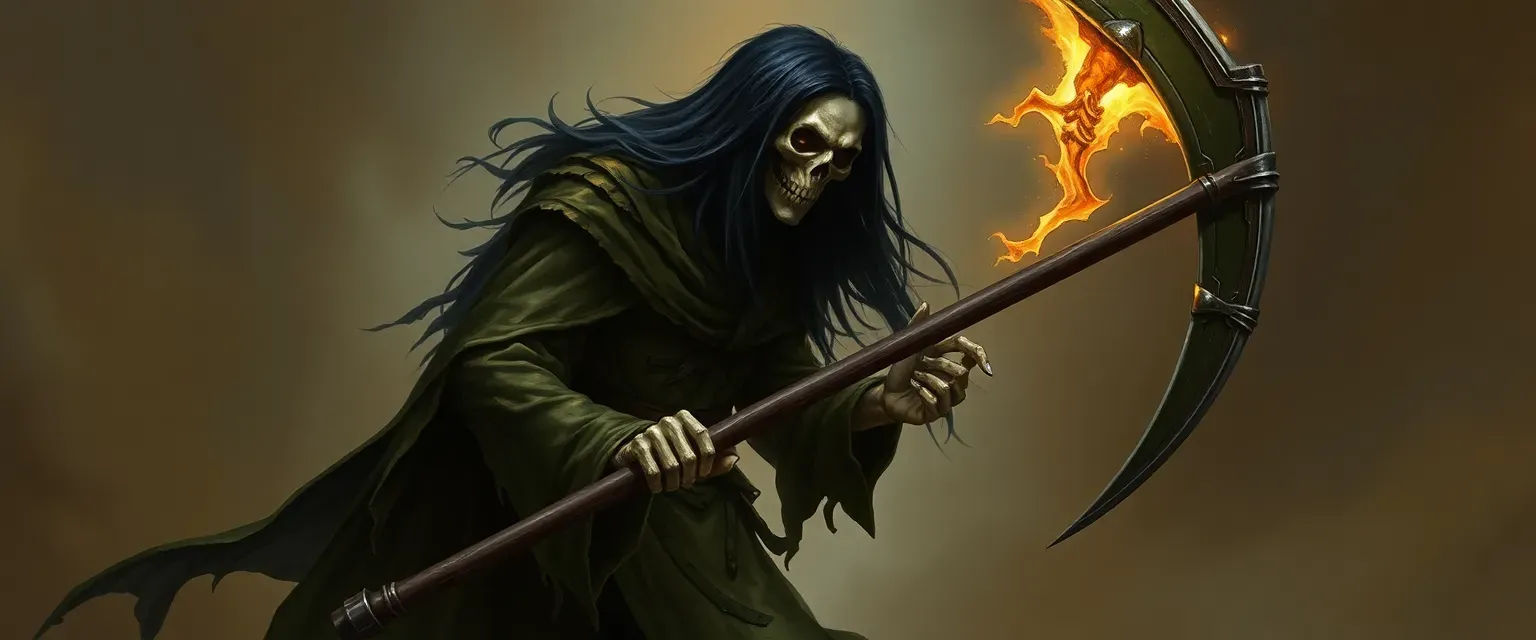 Tall, skeletal figure in tattered robes, wielding a glowing scythe, with long black hair and a haunting visage.
