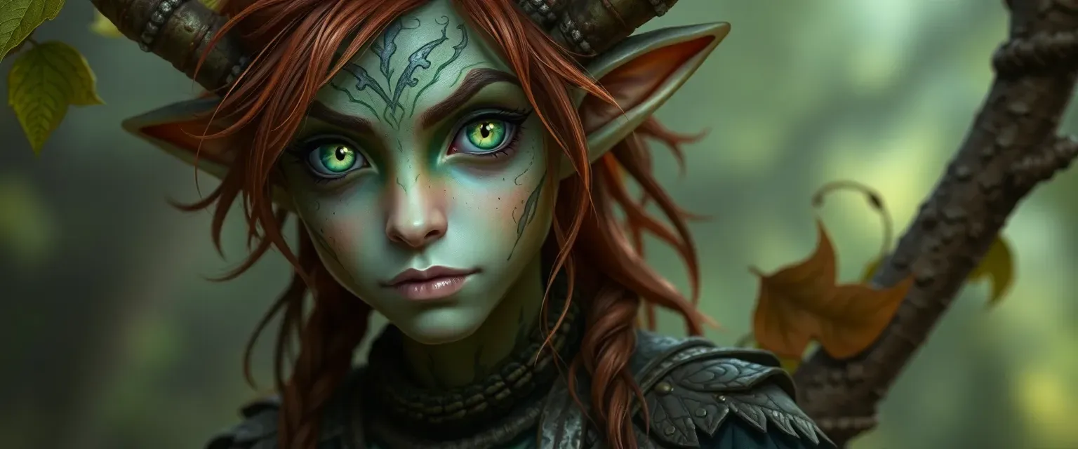 A changeling druid with emerald eyes, autumn-hued hair, and bark-patterned skin, dressed in forest hues.