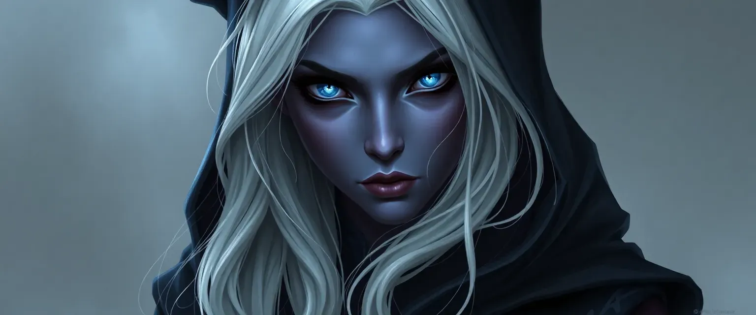 22-year-old drow female with obsidian skin, snow-white hair, and nightly blue eyes, wearing dark robes with Eilistraee symbols.
