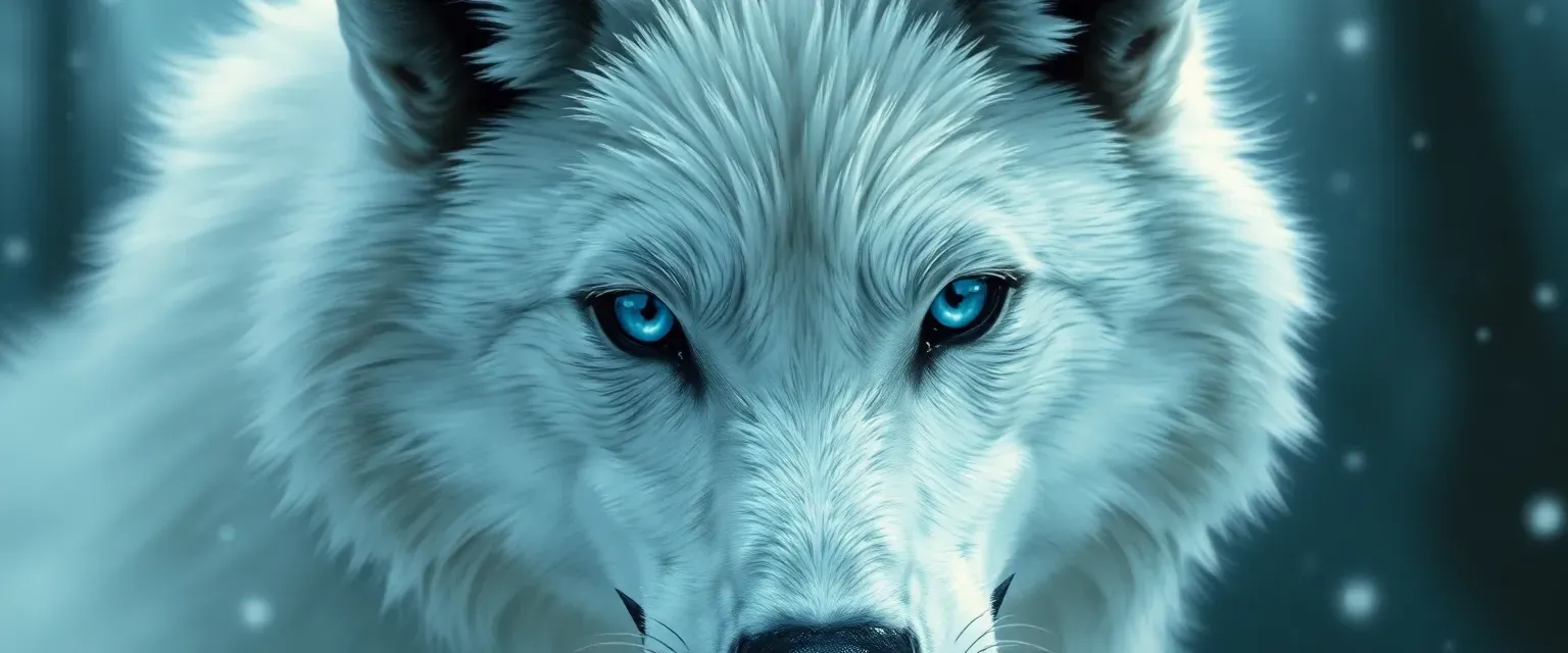 White-furred she-wolf with piercing blue eyes, embodying the essence of winter.