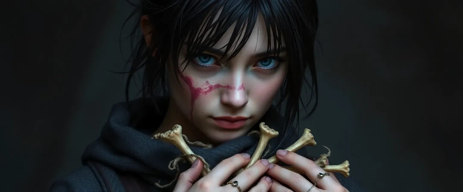 Young woman with dark, unkempt hair hiding a facial scar, wearing tattered robes, holding beans and bones.