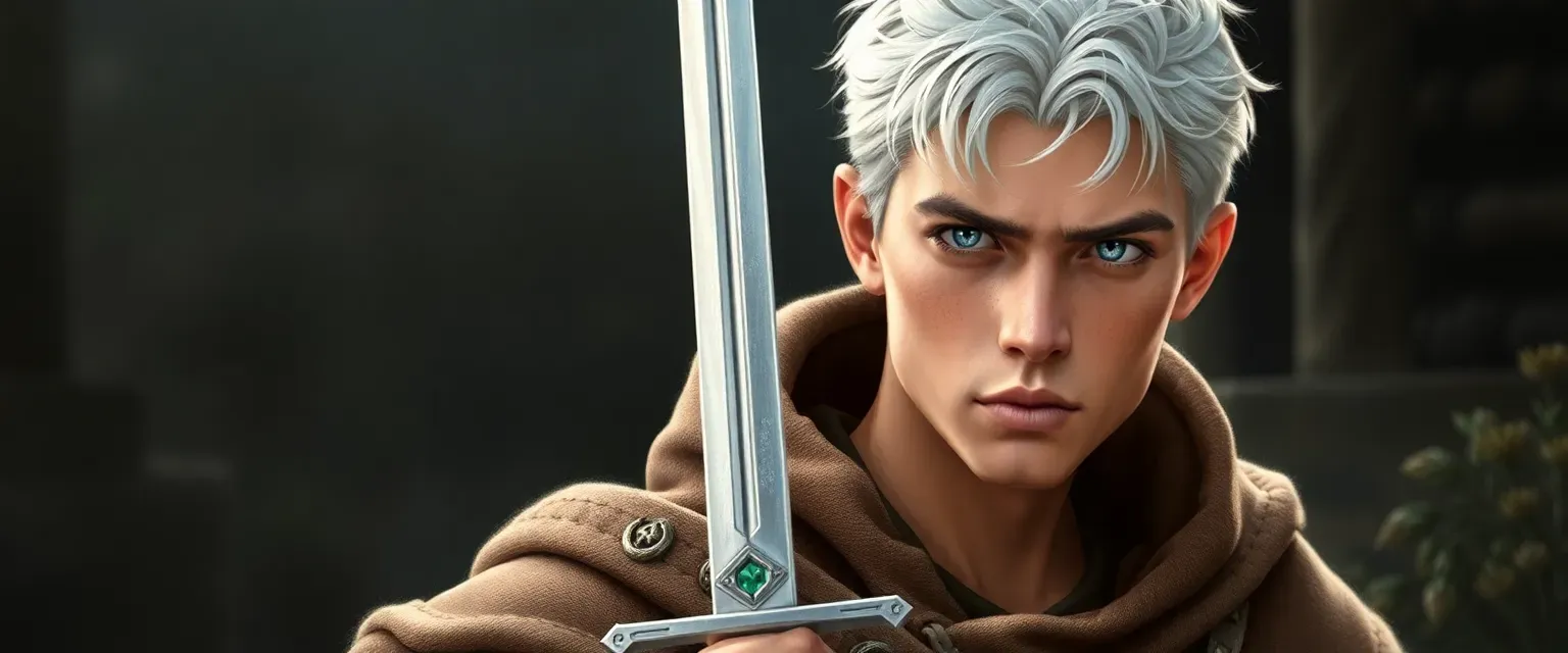 Young man with silver hair and white eyes, dressed in traveler's cloak, holding a sword.