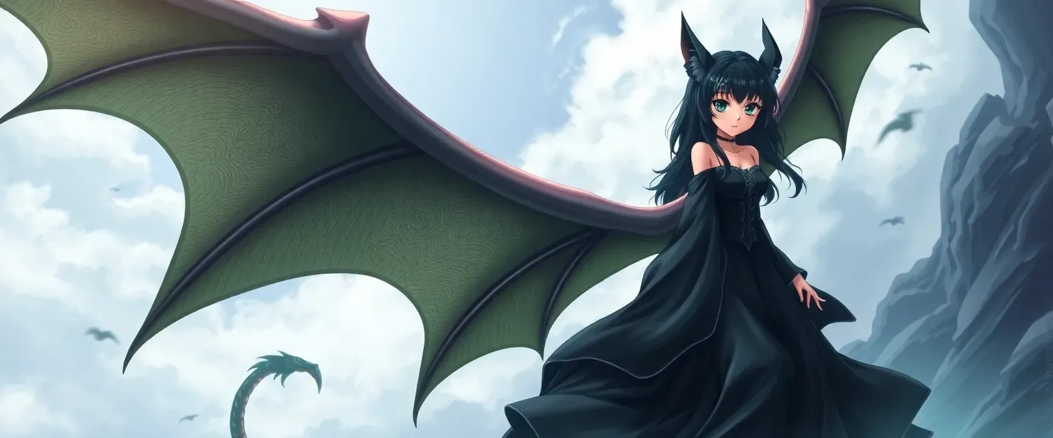 Colossal anime girl with dragon wings, cat ears, snake tail, dark silk gown, emerald eyes, black hair.