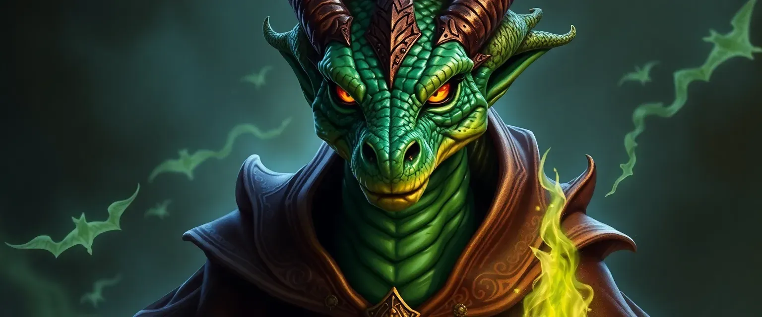 Emerald-scaled Dragonborn sorcerer with piercing gold eyes, wearing ornate robes.
