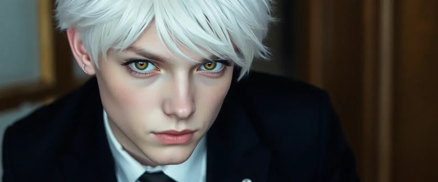 18-year-old with white hair, scar through left eyebrow, espresso-colored eyes, wearing a black suit with a silver coffee bean pin.