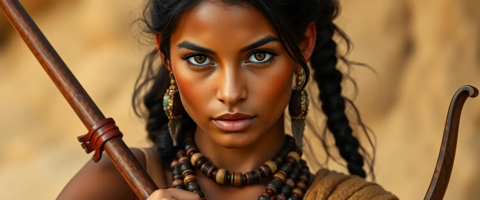 Early 30s woman with sun-kissed skin, dark ponytail, wearing earthy tones and traditional beads, holding a bow.