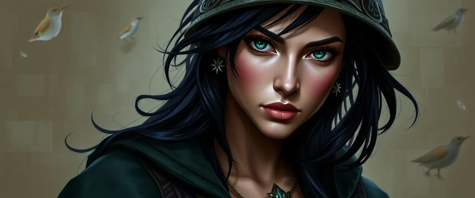 28-year-old woman with sharp cheekbones, emerald eyes, raven-black hair, wearing a mix of stolen finery and thief's garb.