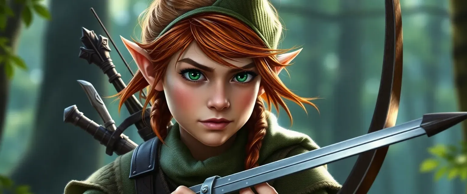 Young elven ranger with chestnut hair and emerald eyes, wearing forest greens and browns, carrying a yew longbow and shortsword.