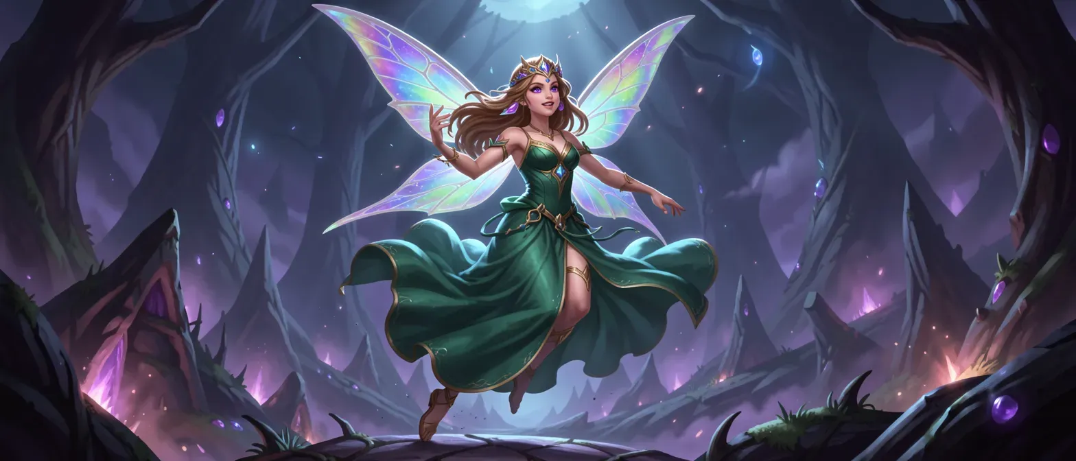 Youthful fairy with iridescent wings, flowing emerald robes, amethyst eyes, and dancer's graceful pose in a dark alien realm.