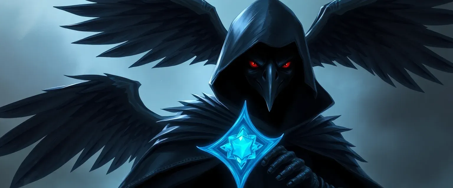 A Kenku Warlock named Zephyr with dark feathers, sharp eyes, and a void-like cloak, embodying mystery and ambition.