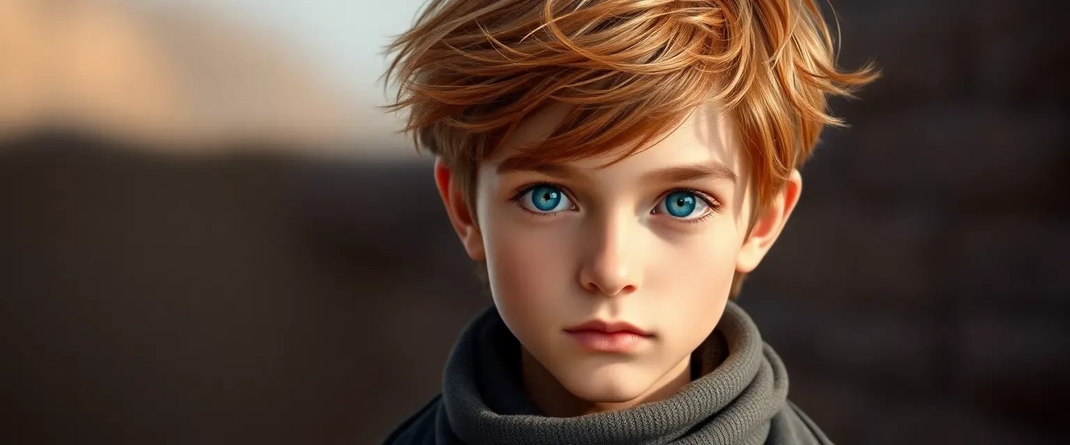15-year-old boy with tousled chestnut hair, blue eyes, wearing a blazer and scarf.
