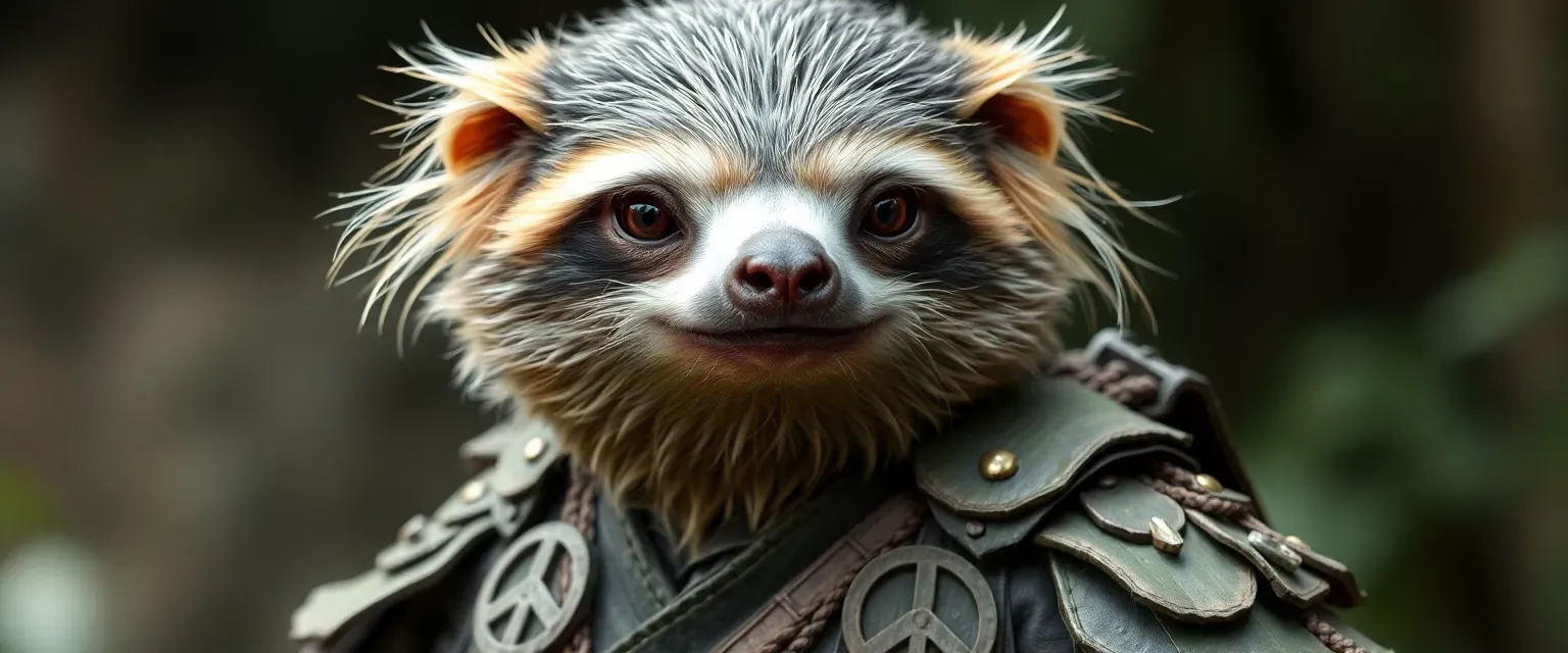 A wise, elderly samurai sloth with graying fur, wearing bark armor adorned with peace symbols.