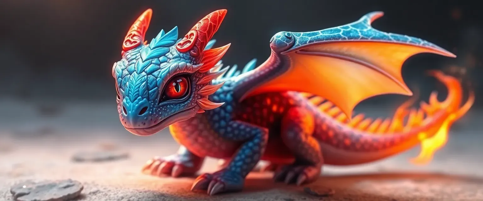 Young hybrid dragon with shimmering ice and fire scales, vivid blue and red eyes, small yet powerful.