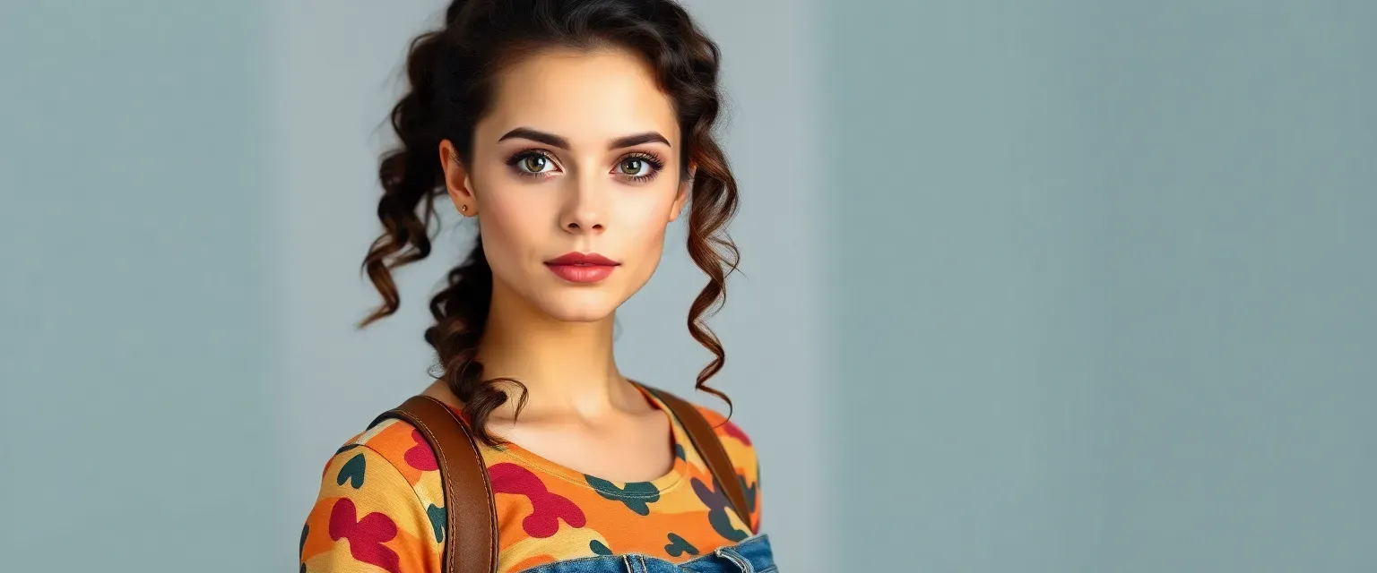 25-year-old woman with dark brown curly hair in a ponytail, hazel eyes, lean build, wearing casual jeans and a colorful top with sneakers.