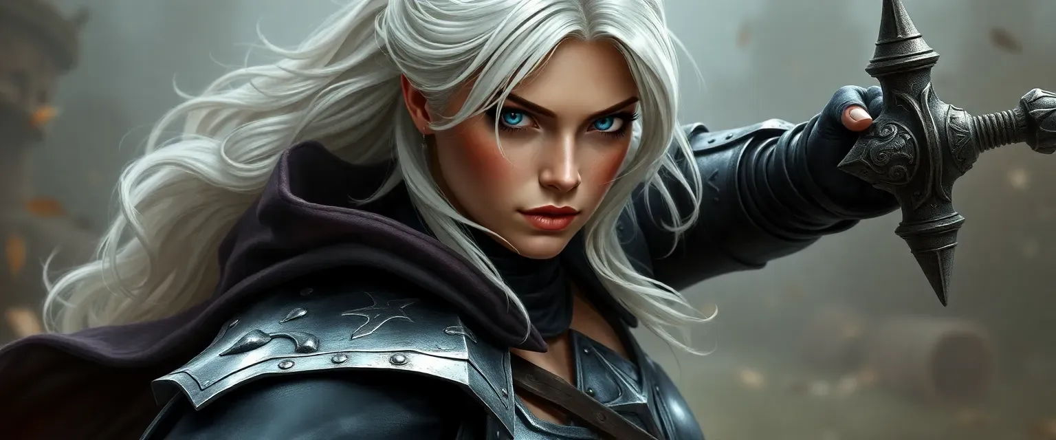 28-year-old female paladin, gothic armor, polearm, silk white hair, piercing blue eyes.