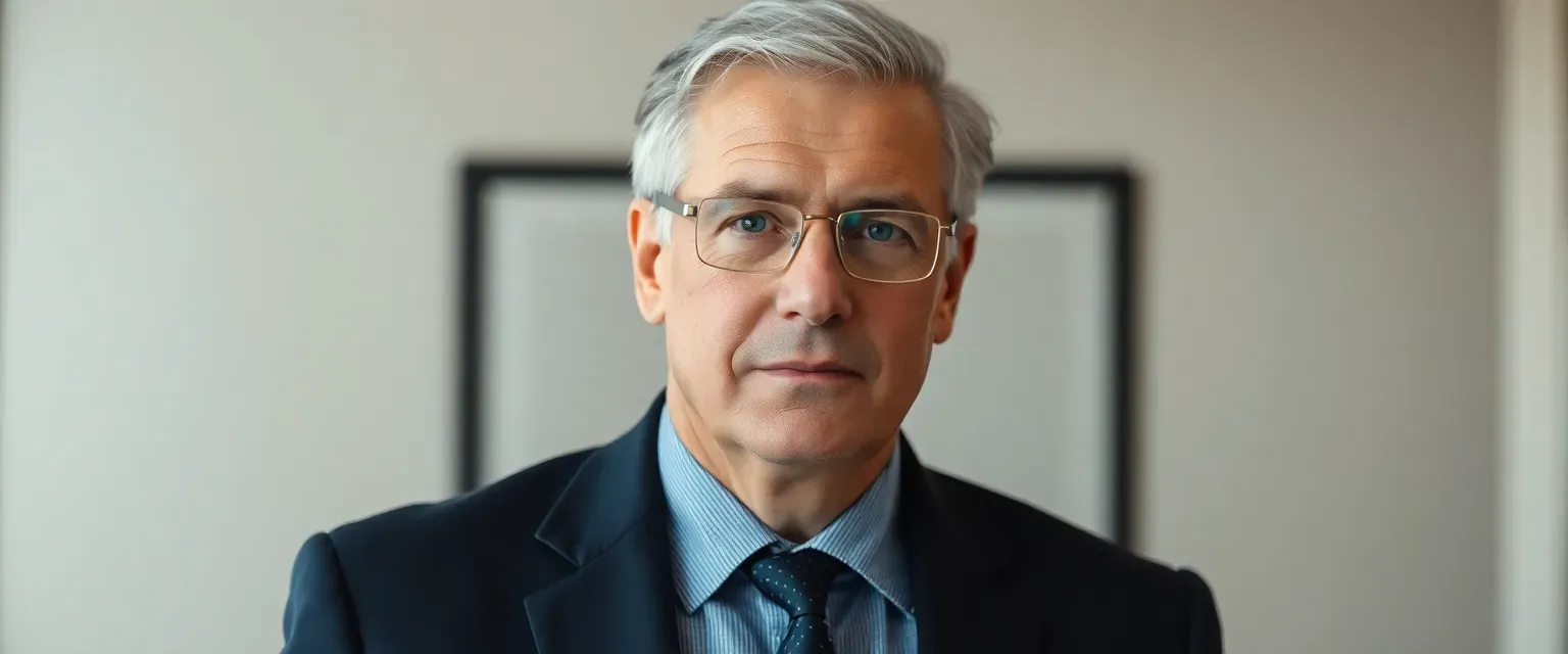 Tall man in late 50s with salt-and-pepper hair, sharp features, light blue eyes behind silver glasses; wears dark suits.