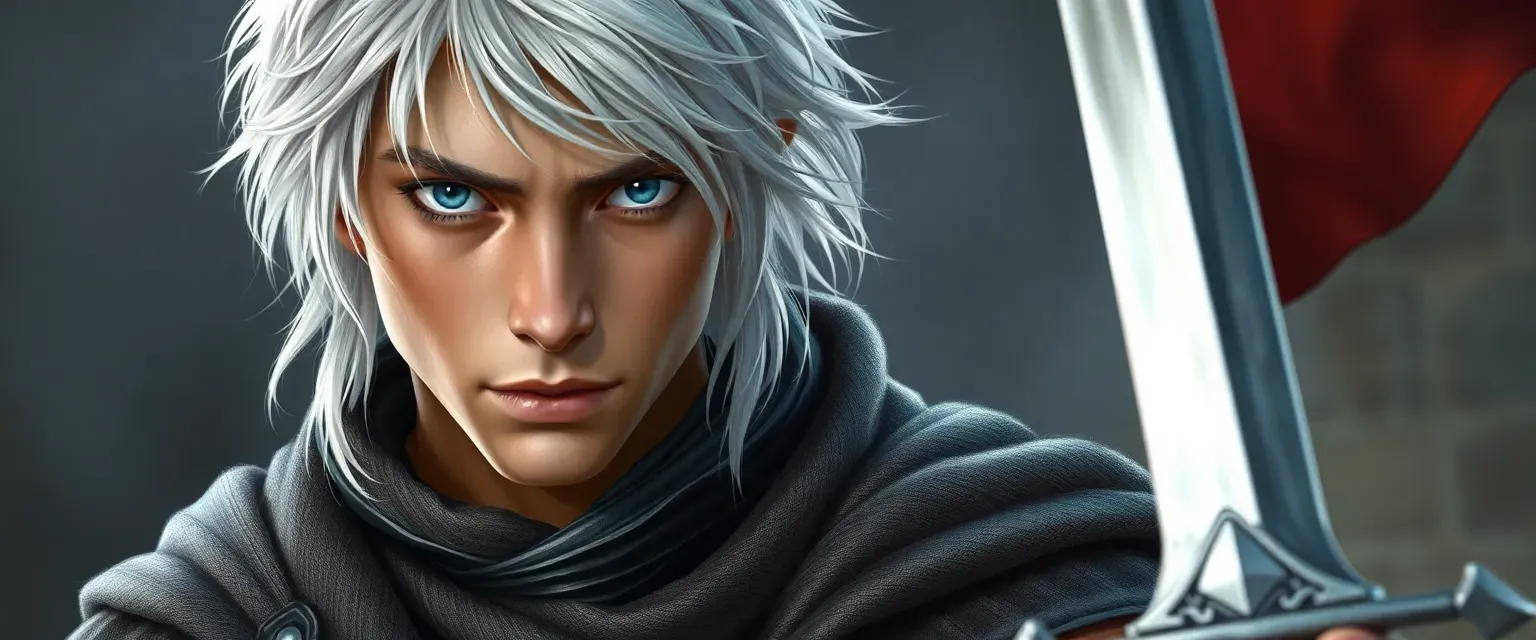 Young man with silver hair and eyes, wearing gray and silver, holding a sword.