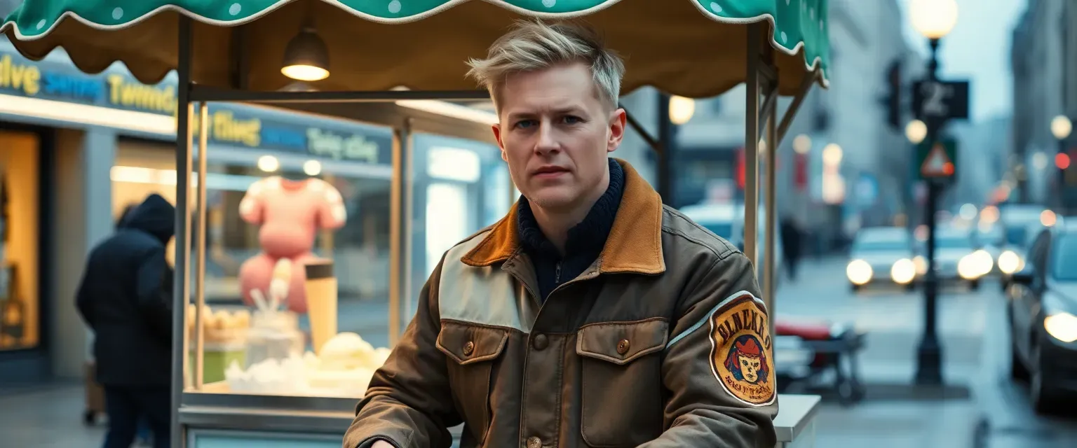 Blond man in his early 30s, wearing a patchwork jacket, pushing an ice cream cart in a cold city.