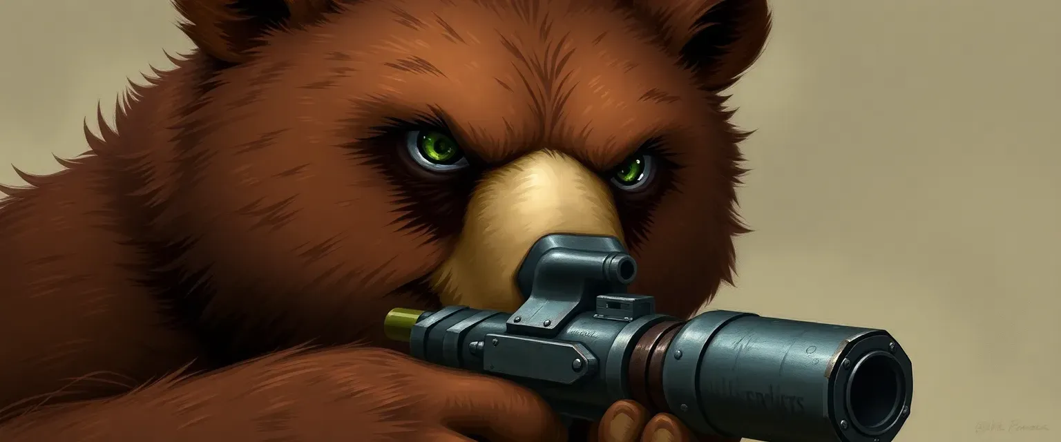 A battle-scarred bear with deep brown fur and piercing green eyes, wielding a bazooka with precision.