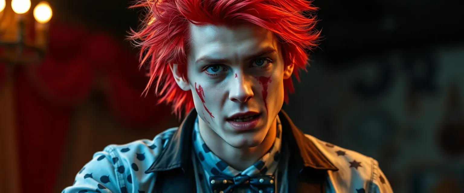 Young man with wild red hair, blood-smeared face, wearing circus-themed attire mixed with victim's clothing.